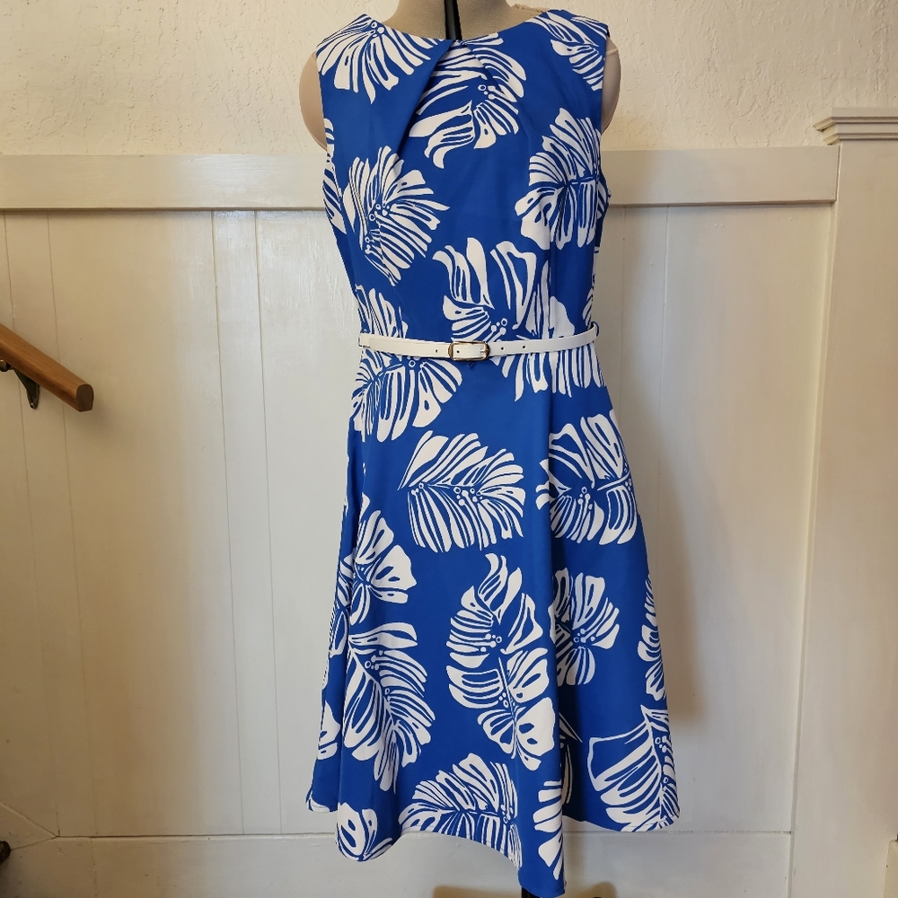 Belted Dress Barn Blue and White Dress